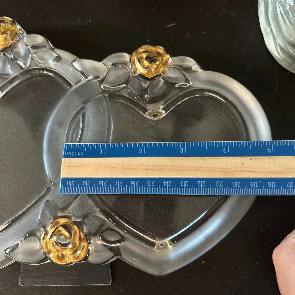 VTG Mikasa Crystal Double Heart Picture Frame Gold Roses Frosted Cottage Wedding